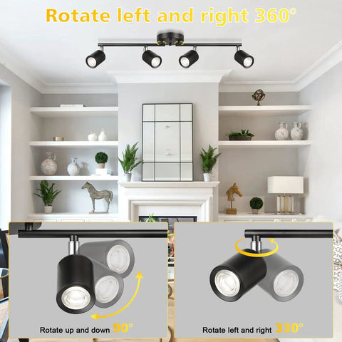 Four Light Track Lighting Kit With Rotatable Black LED Heads Dimmable 1600 Lumens Daylight White 5000K Matte Metal Spotlight Fixture installed in a modern living room, showcasing adjustable swing arms and rotatable heads.