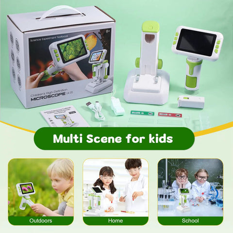 Kid Friendly Digital Microscope With 4 Inch HD Screen Totally Portable 2 In 1 Desktop Handheld Miniscope set and packaging.