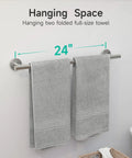 Brushed Nickel Bathroom Accessories Set Five Piece Wall Mounted Easy Install Includes 24 Inch Towel Bar 18 Inch Towel Bar Toilet Paper Holder Towel Ring And Robe Hook Durable 304 Stainless Steel Modern Hardware with 24-inch towel bar displaying two towels.