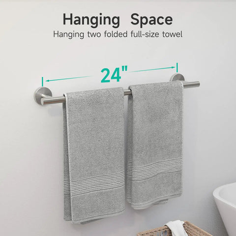 Brushed Nickel Bathroom Accessories Set Five Piece Wall Mounted Easy Install Includes 24 Inch Towel Bar 18 Inch Towel Bar Toilet Paper Holder Towel Ring And Robe Hook Durable 304 Stainless Steel Modern Hardware with 24-inch towel bar displaying two towels.