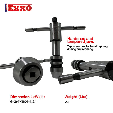 Three Piece Tap And Wrench Set With Adjustable Ratchet For Hand Tapping And Small Tool Reaming Includes Five Thirty Second Inch Tap Capacity One Quarter Inch And One Half Inch Tap Sizes For DIYers with hardened jaws