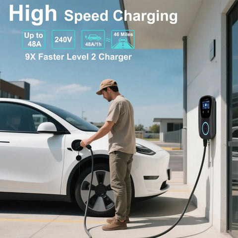 Level 2 EV Charger With ETL Certification 48A Adjustable 240V Manual Amps And Schedule J1772 To Tesla NACS Adapter Fast Home Charging
