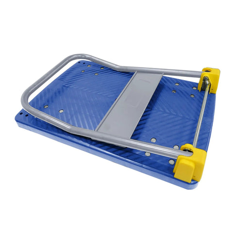 Beast Of A Heavy Duty Foldable Platform Truck With 880 Lb Capacity Anti Skid Deck Swivel Brake Wheels Steel Flatbed Utility Cart For Warehouse Office And Home Use Blue folded blue steel platform cart with anti-skid deck and brake wheels
