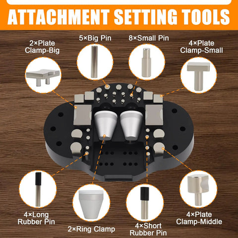 Ball Vise Engraving Block Set For Jewelry Making, 3 Inch Diameter, 360 Degree Rotation, Includes 35 Attachments, Stainless Steel Pro Grade Standard Block, Jewelers Block Vise Tool For Precise Engraving, showing attachment tools.