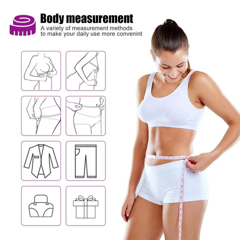 Woman measuring waist with Retractable 60 Inch Tape Measure Set For Sewing, Crafting And DIY, Fiberglass Non Stretch Mini Measuring Tapes.