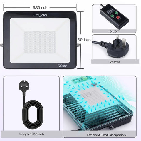 Diagram showing dimensions and features of 50W LED UV Screen Printing Light With 1 To 99 Minute Timer, showcasing power cable and plug.