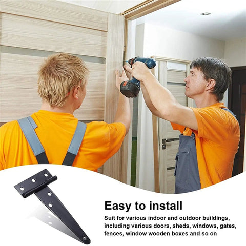 Two men installing door using 6 Pack 4 Inch Rustproof Stainless Steel T Shape Door Hinges In Black Finish For Windows Fences And Barn Doors Durable