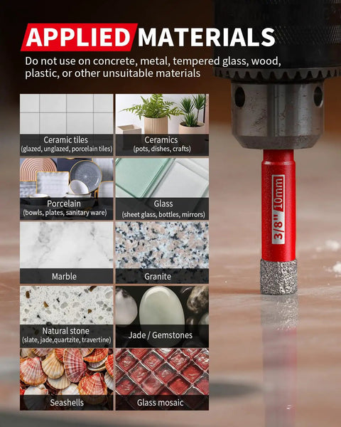 Pro Grade Dry Diamond Drill Bits Set For Porcelain Tile Ceramic Glass Marble And Granite usage guide with material types.