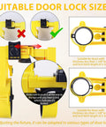 Easy Adjustable Door Lock Installation Kit With Guide Template showing suitable lock sizes for metal or wood doors.
