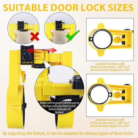 Easy Adjustable Door Lock Installation Kit With Guide Template showing suitable lock sizes for metal or wood doors.