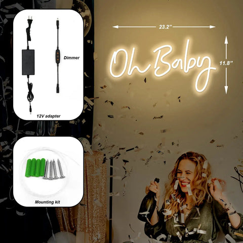 Oh Baby Neon Sign Dimmable LED Neon Light For Baby Shower And Gender Reveal Backdrop Large 23.2 by 11.8 inches with adapter