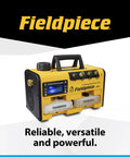 Front view of Fieldpiece VPX7 vacuum pump in yellow and black with RunQuick oil change system and dual oil reservoirs.