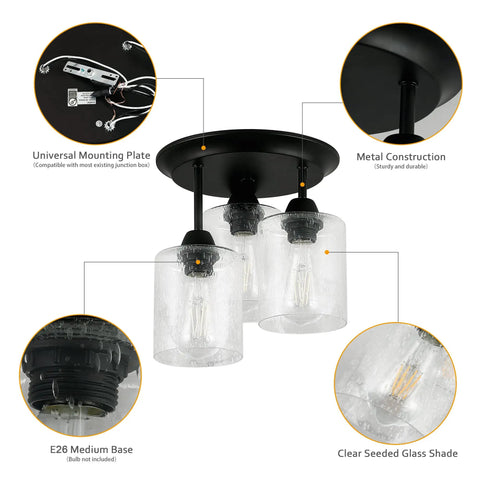 Semi Flush Mount Ceiling Light Fixture With Seeded Glass Shades, 3 Lights, showing universal mounting plate and details.