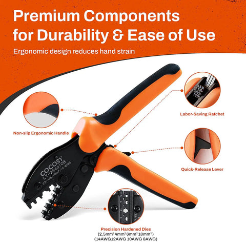 Pro Grade Solar Crimp Tool Kit With Ratcheting Pliers For AWG 8 To 12 Cable showing ergonomic handle and ratchet features.