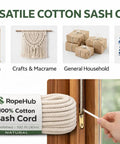 All Purpose Cotton Sash Cord Rope With Built Tough Reinforced Core And Thick Cotton Cover For Window Sashing, Clotheslines, And Decor DIY Projects Three Eighths Inch By Six Hundred Feet Natural displayed with usage examples