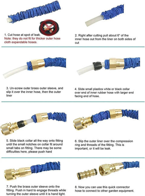 Brass Garden Expanding Hose Joint Repair Kit with Quick Connectors includes two female quick connects and one double male adapter.