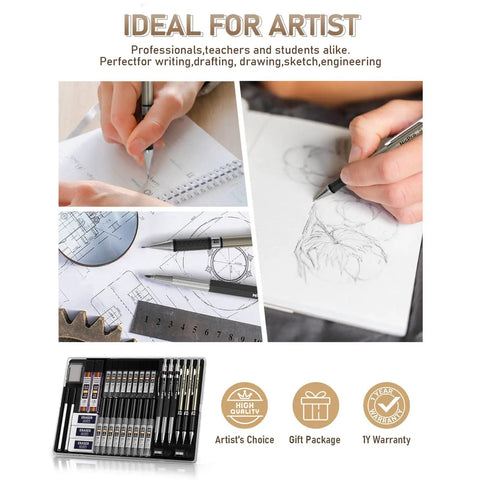 Pro Grade Art Mechanical Pencil Set For Artists With 6 Drafting Pencils shown sketching and drafting with durable case included