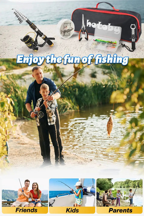 Father and son using 6.89 Foot Carbon Fiber Telescopic Fishing Rod And Spinning Reel Combo For Newbie Anglers, tackle bag visible.