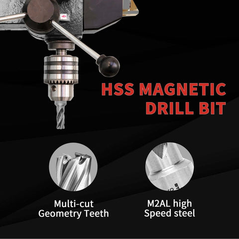 Front view of 6-piece annular cutter set with Weldon shank for magnetic drill press, M2AL high-speed steel