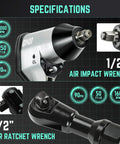 Built Different Heavy Duty 17 Piece Air Tool Kit With 1/2 Inch Pneumatic Impact Wrench Ratchet Set And Torque Wrench specifications showing 7000 RPM.