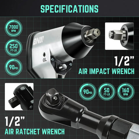 Built Different Heavy Duty 17 Piece Air Tool Kit With 1/2 Inch Pneumatic Impact Wrench Ratchet Set And Torque Wrench specifications showing 7000 RPM.