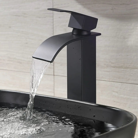 Black Rectangle Vessel Sink 18x13 Above Counter Porcelain Ceramic With Faucet And Drain Combo in use with water running