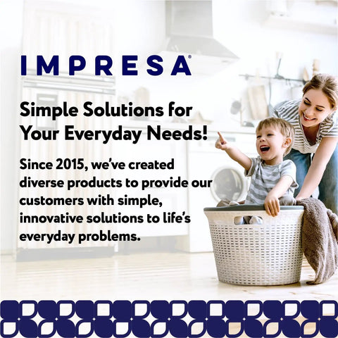 Mother and child smiling, child sitting in a laundry basket; text states 'Simple Solutions for Everyday Needs' and includes 'IMPRESA' logo.