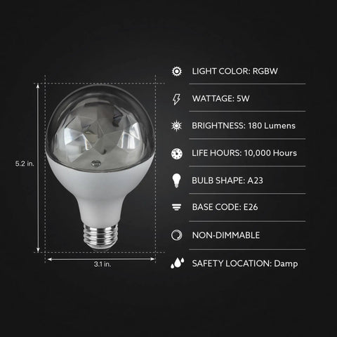 A23 Multi Color Rotating Disco LED Light Bulb With Diamond Lens Color Changing Effect For Lit Party Vibe And Kids Room Decor, E26 Base