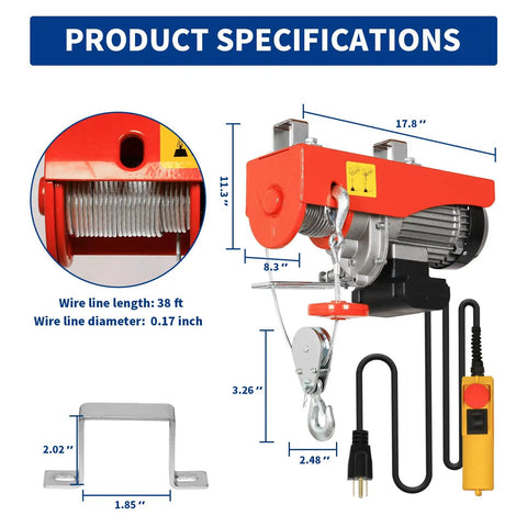 Beefy 1320 Lb Electric Hoist With Remote Control 110V Overhead Crane specifications diagram with dimensions and wire details