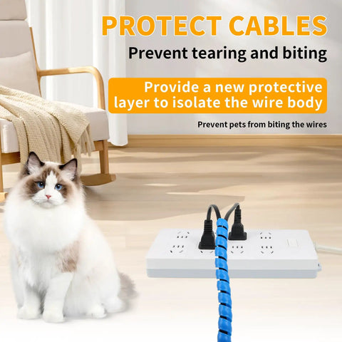 Blue Must-Have Spiral Cable Wrap 16.4 Ft Durable PP Spiral Cable Protector in use with power strip, cat nearby.