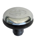 No Sweat Quick Install Chrome Bathtub Drain Stopper featuring a gasket tight rubber seal, viewed from above with close and open markings.