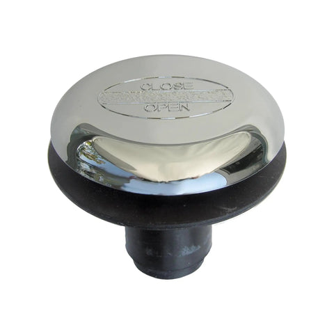 No Sweat Quick Install Chrome Bathtub Drain Stopper featuring a gasket tight rubber seal, viewed from above with close and open markings.