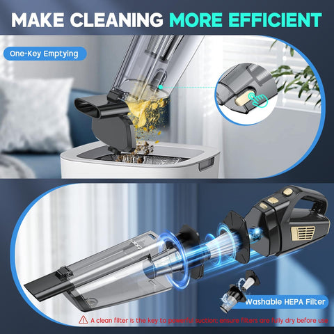 Cordless Handheld Vacuum With 15000Pa Suction And Cyclonic Technology, lightweight with washable HEPA filter, one-key emptying