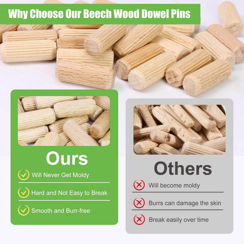 Comparison of Five Sixteenths Inch By One Inch Wooden Dowel Pins, Natural Beech Wood Fluted Rods for Crafts, highlighting quality differences.