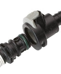 Sprayless Marine Fuel Connector Universal Male And Female Quick Fit With Thread Sealant Compatible With Three Eighths Inch And Five Sixteenths Inch Fuel Lines Durable High Strength Fitting For Easy Tank Connections in black plastic with visible thread sealant and dual fittings.