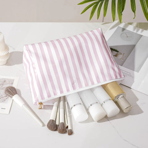 Large PVC Waterproof Striped Makeup Bag Travel Organizer Zipper Pouch For Women And Girls Clear Coated Cosmetic Bag Easy To Clean Beach Vacation