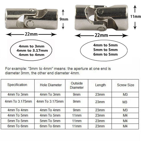 2-pack metal RC universal joint shaft couplers for 4mm-3.175mm and 4mm-5mm shafts, 23mm long