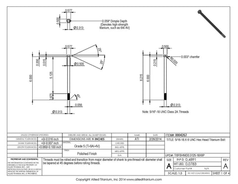 Premium Gang Pack Of Two 5/16-18 By 6-Inch Grade 5 Ti-6Al-4V Titanium Hex Head Bolts technical drawing with dimensions.
