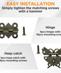 Retro Engraved Jewelry Box Hinges Hasp Lock Set with screws for decoration and repairs, antique bronze finish, showing hinge and screws.
