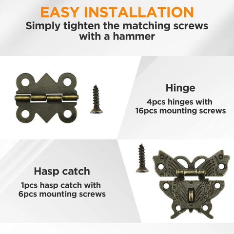 Retro Engraved Jewelry Box Hinges Hasp Lock Set with screws for decoration and repairs, antique bronze finish, showing hinge and screws.