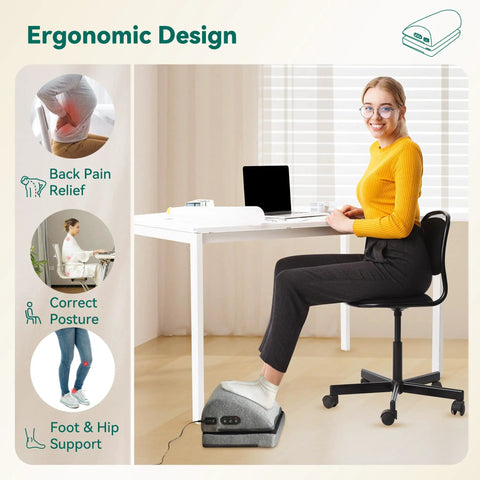 Woman using Under Desk Heated Foot Rest With Adjustable Height And Dual Heat Levels For Office Gaming Or Home Use Comfy Foot Warmer