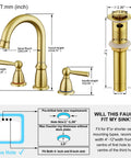 Diagram of Widespread 3 Hole Brushed Gold Bathroom Faucet With No Splash 8 Inch Center Spout Pop Up Drain And Dual Handle