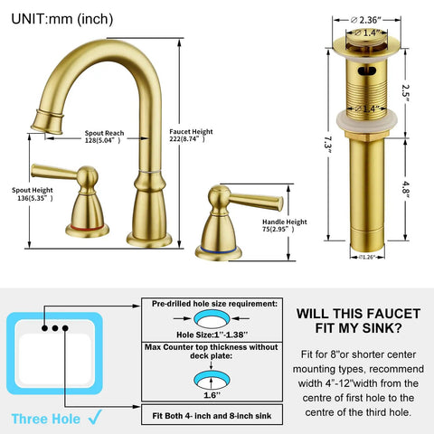 Diagram of Widespread 3 Hole Brushed Gold Bathroom Faucet With No Splash 8 Inch Center Spout Pop Up Drain And Dual Handle