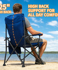 Side view of Heavy Duty Camping Chairs 2 Pack With 500 Lbs Capacity, blue folding lawn chair by a lake, person seated, high back support.