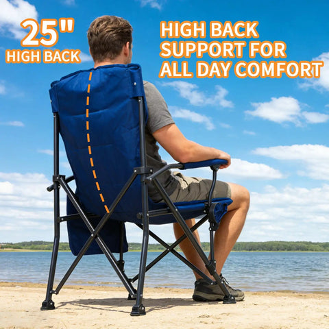 Side view of Heavy Duty Camping Chairs 2 Pack With 500 Lbs Capacity, blue folding lawn chair by a lake, person seated, high back support.