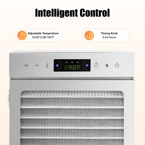 Heavy Hitter 18 Tray Food Dehydrator Machine Featuring No Sweat Touch Controls, showing adjustable temperature and timer controls.