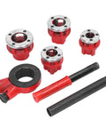 Beefy Heavy Duty Manual Pipe Threader Kit With Four Die Heads and Ratchet Handle for 1/2 to 1-1/4 inch pipes shown in red and silver.