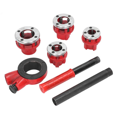 Beefy Heavy Duty Manual Pipe Threader Kit With Four Die Heads and Ratchet Handle for 1/2 to 1-1/4 inch pipes shown in red and silver.