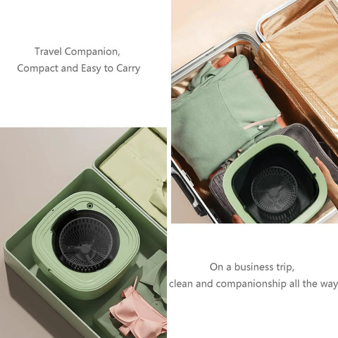 Ridiculously Compact Ten Liter Foldable Mini Washing Machine Featuring Three Auto Wash Cycles Ultrasonic Deep Cleaning And Blue Light Sterilization Makes Laundry Day An Absolute Breeze For College Dorms And Small Bedrooms packed in a suitcase.