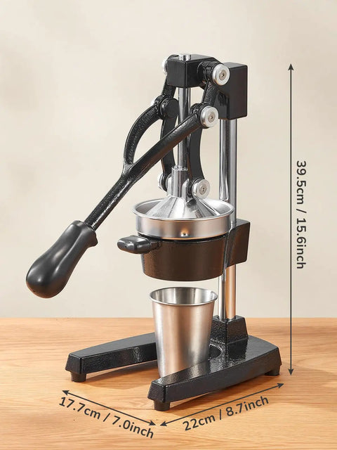 Heavy Duty Cast Iron Manual Citrus Juicer Press with stainless steel basin and lever for efficient juice extraction.